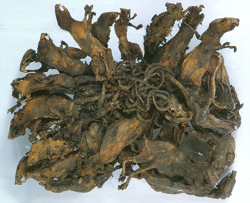 A supposed Rat King specimen showing the remains of a mass of near mummified rats tangled together by their tails.  