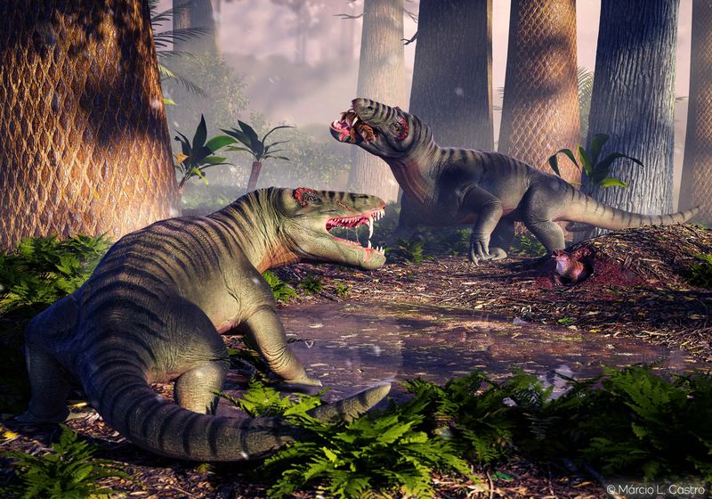Artistic reconstruction of Pampaphoneus biccai in a forest with enormous teeth and large lizard-like bodies.