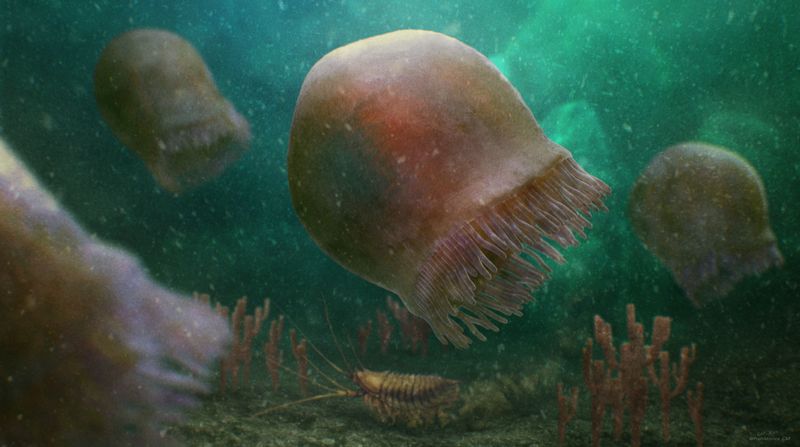 Paleoart of a small pink jellyfish swimming in a group in a green sea