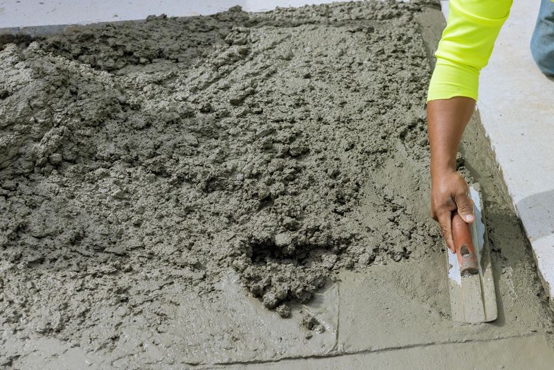 A photo of freshly poured concrete being shaped by a construction worker. 