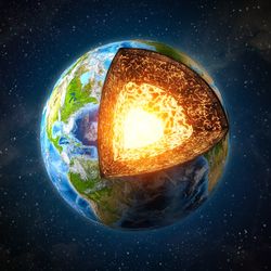 rendering of planet Earth in space with a cross section removed, showing the mantle and core