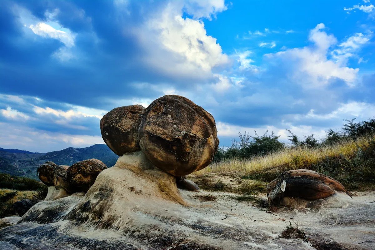 A "Living rock" looks over the landscape in Buzau County, Romania