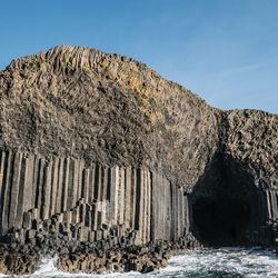 Unusual “columnar jointing" geology outside Fingal's Cave, Isle of Staffa in Scotland