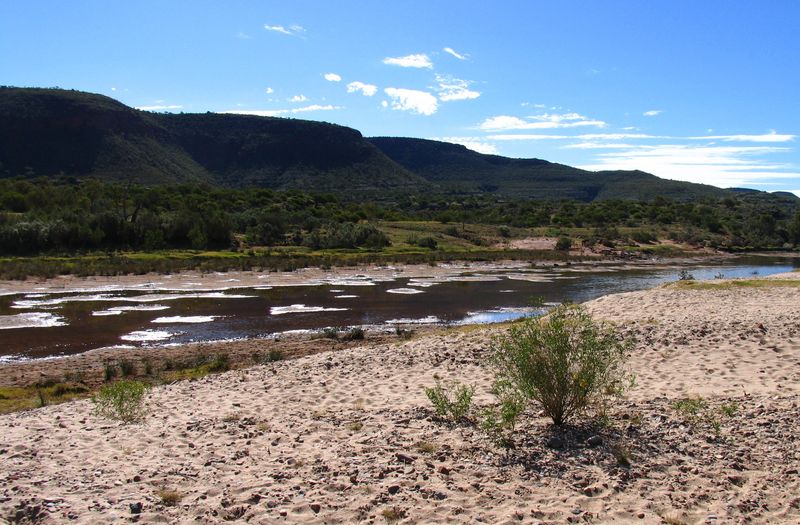 River in Australia showing sandy bank and mountains in the background.