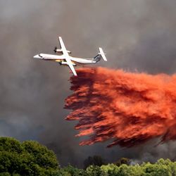 A firefighter plane attempts to put out a wildfire in the scrubland on the road between Aubais and Gallargues-le-Montueux in France.