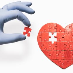 Hand in a blue latex glove placing a red puzzle piece into a heart-shaped puzzle that is missing one piece