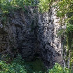 Grass and rocky opening of the Hranice Abyss in Czechia Republic