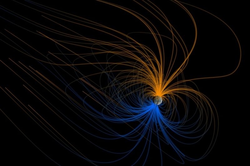 This visualization shows the magnetic field around Earth, or the magnetosphere.