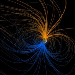 This visualization shows the magnetic field around Earth, or the magnetosphere.