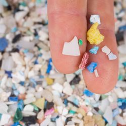 fingers holding pieces of microplastic in foreground, with large pile of multicoloured particles in background