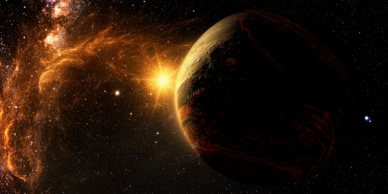 Orange/yellow and black illustration of a star emerging from behind a large rocky planet