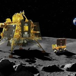 Artist's impression of the Vikram lander and Pragyan rover on the surface of the Moon. 