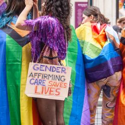 A gender affirming care saves lives placard and Pride in London 2022