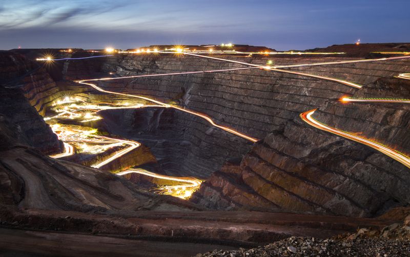 Long exposure of light running around Super mine Pit in Kalgoorlie, Australia