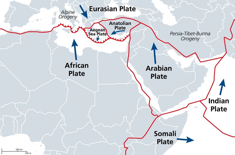 A map showing the Eurasian and Africa tectonic plate boundary.