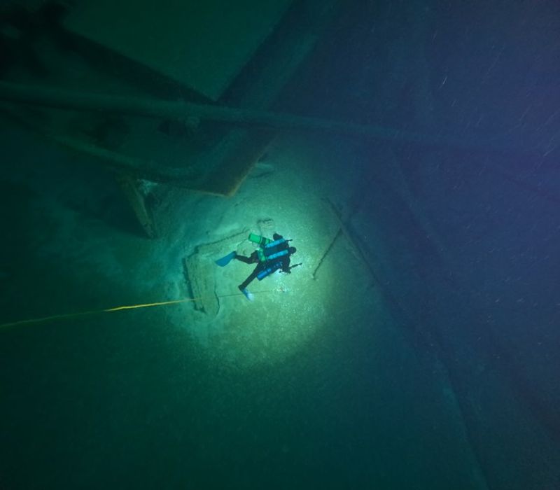 Diver Zach Whitrock descends on the shipwreck of Trinidad 