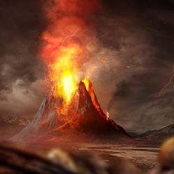 Massive Volcano Eruption. A large volcano erupting hot lava and gases into the atmosphere. 3D Illustration.