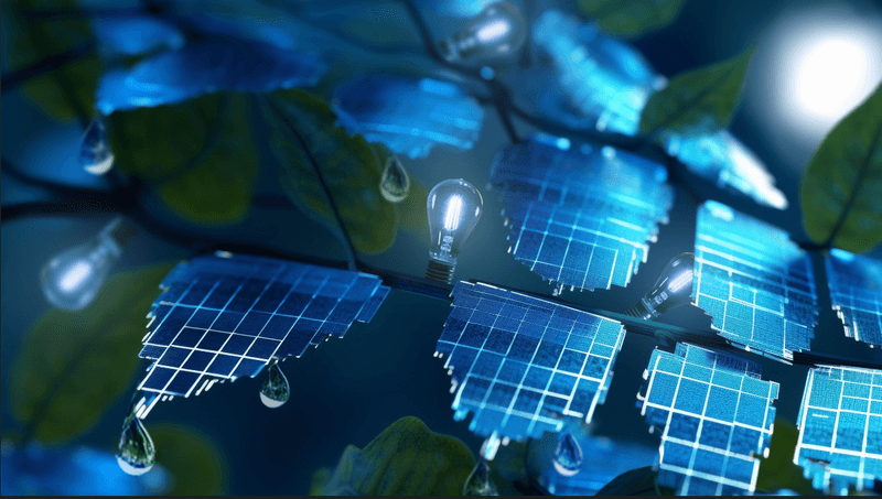 3D illustration of blue solar panel-esque leaves on vines, with lightbulbs resembling flower buds