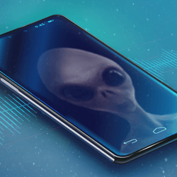 A virtual phone with the image of an alien reflected in the screen and a stylized soundwave in the background