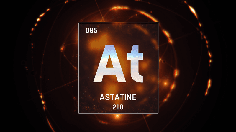 The chemical symbol for astatine, At, plus its elemental weight and number in the periodic table