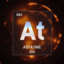 The chemical symbol for astatine, At, plus its elemental weight and number in the periodic table