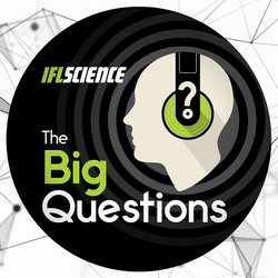 The IFLScience The Big Questions podcast logo, a head with earphones that have question marks on them