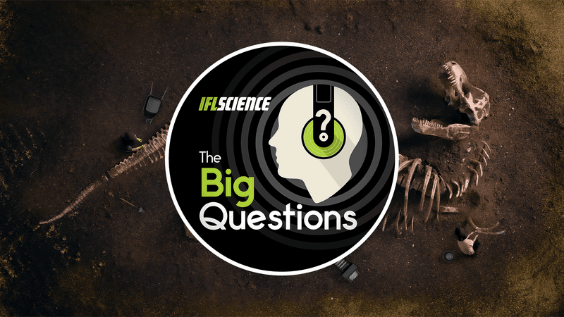 The IFLSCicnec The Big Questions podcast logo over the rendering of a t-rex skeleton half buried in stone.