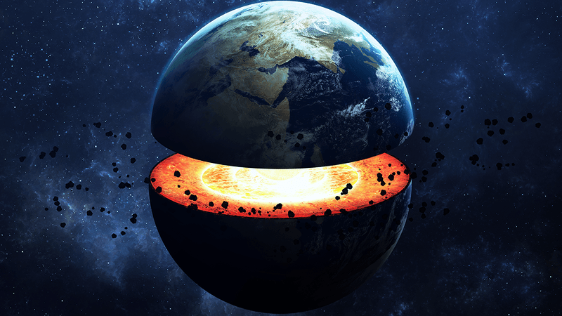 Earth, split open so you can see the mantle and core.