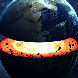 Earth, split open so you can see the mantle and core.