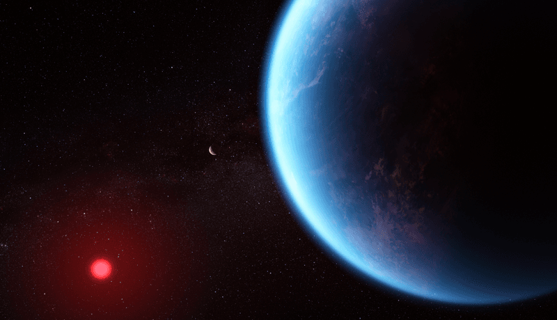 Artist's impression of K2-18 b with its parent star in the background. This is the first habitable zone planet where water vapor has been detected, and now carbon dioxide, methan and possibly dimethyl sulfide added.