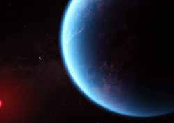 Artist's impression of K2-18 b with its parent star in the background. This is the first habitable zone planet where water vapor has been detected, and now carbon dioxide, methan and possibly dimethyl sulfide added.