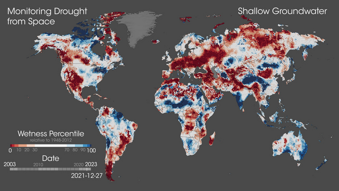 A map based on a 2018 NASA study that shows where in the world fresh groundwater is decline as a result of climate change.