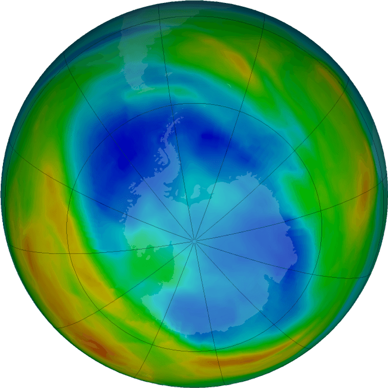 View of total ozone over the Antarctic pole on August 14, 2023. The purple and blue colors are where there is the least ozone, and the yellows and reds are where there is more ozone.