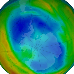 View of total ozone over the Antarctic pole on August 14, 2023. The purple and blue colors are where there is the least ozone, and the yellows and reds are where there is more ozone.