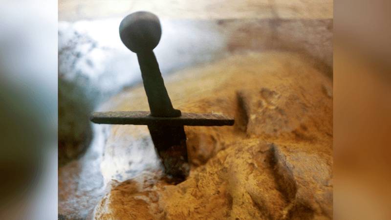 A sword hilt, protruding from the stone.