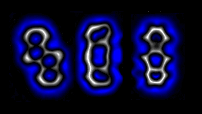 These three shapes, bent alkyne, diradical and cyclobutadiene, can be selected by applying differing voltages to bonds in between.