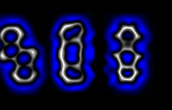 These three shapes, bent alkyne, diradical and cyclobutadiene, can be selected by applying differing voltages to bonds in between.