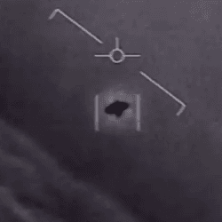 Screenshot of the famous UAP sighting called FLIR, also known as the “Tic Tac” UFO video, recorded by Lieutenant Commander Chad Underwood. 