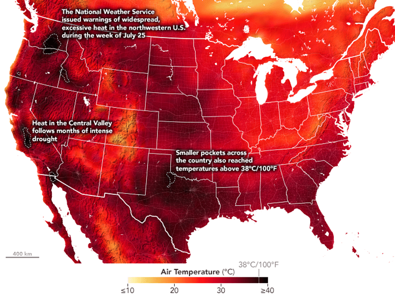 NASA Air temperature map of the US on July 31, 2022 with with temperatures over 30°C (100°F) shown in black.