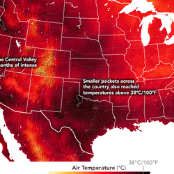 NASA Air temperature map of the US on July 31, 2022 with with temperatures over 30°C (100°F) shown in black.